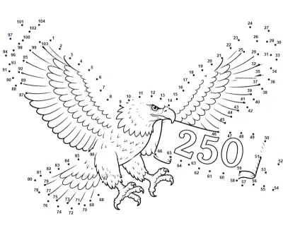 Majestic bald eagle carrying a long banner, winged across 104 printable dots