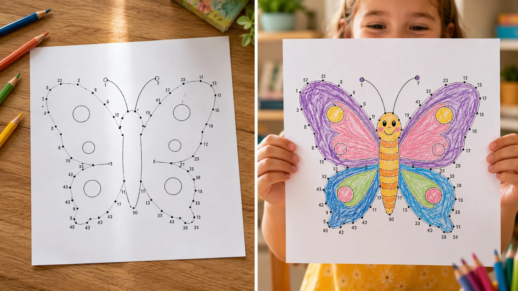Before and after completing and coloring a dot-to-dot puzzle