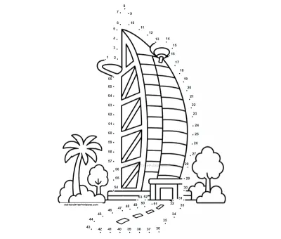 Sail-shaped Burj Al Arab hotel rising from 66 dots on a landmark puzzle page