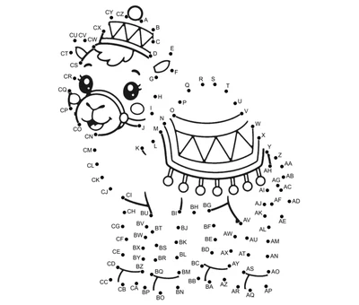 Smiling circus camel in a patterned hat and tasseled blanket, outlined by 104 numbered dots