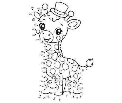 Spotted circus giraffe wearing a top hat and bow tie, outlined by 60 numbered dots