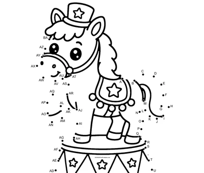 Cheerful circus horse wearing a star hat and standing on a decorated platform, outlined by 53 numbered dots