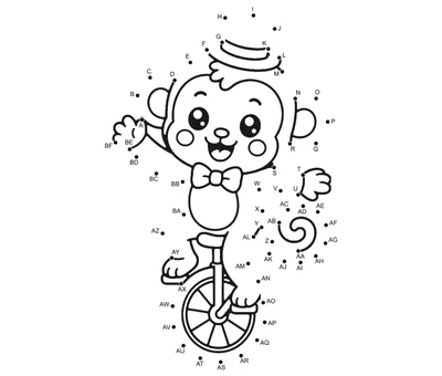 Circus monkey wearing a hat and bow tie while riding a unicycle, outlined by 58 numbered dots
