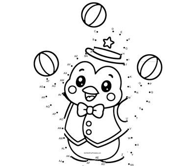 Circus penguin wearing a star hat and bow tie, surrounded by juggling balls and 53 numbered dots