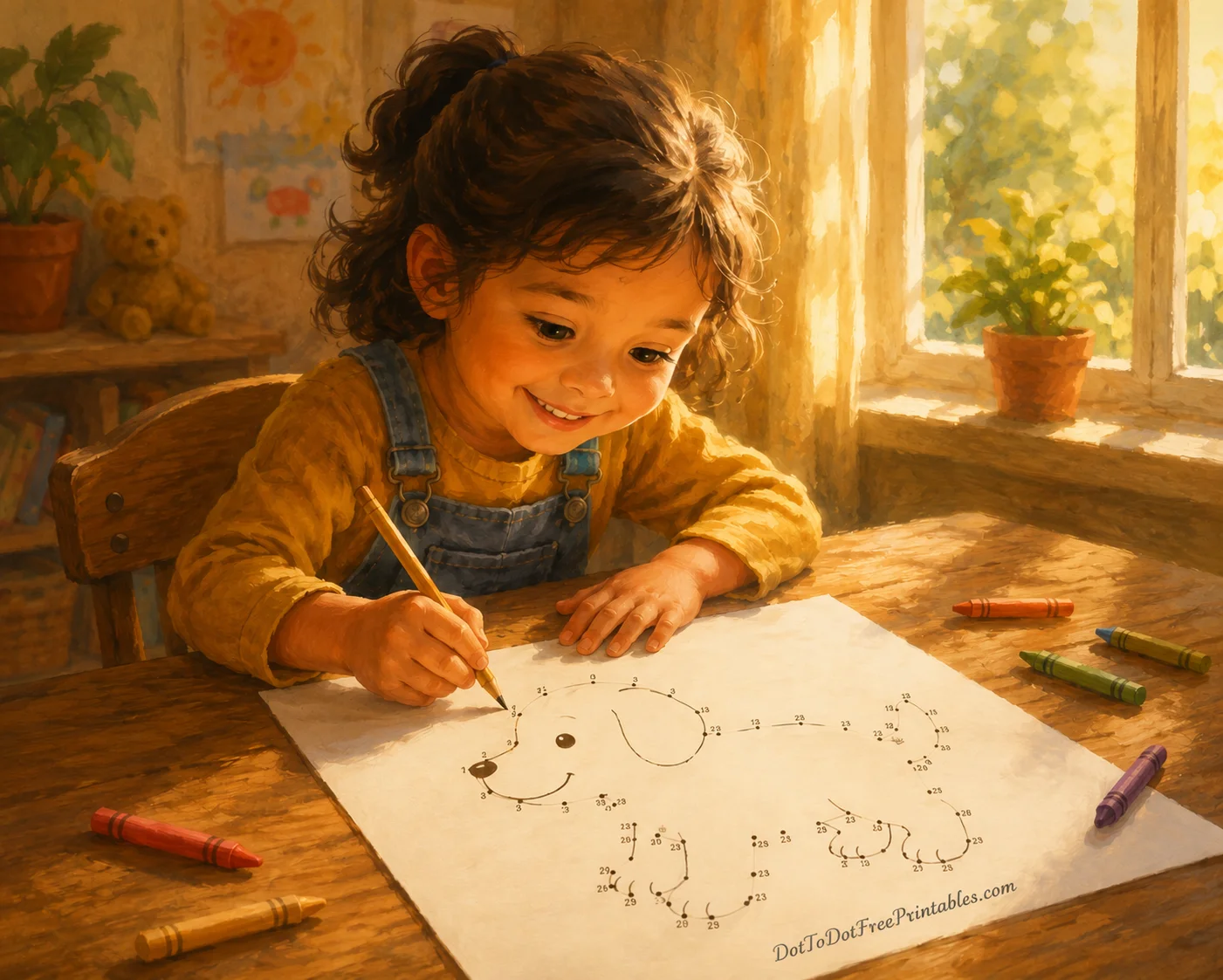 A child happily connecting numbered dots on paper at a sunny table, with crayons set aside