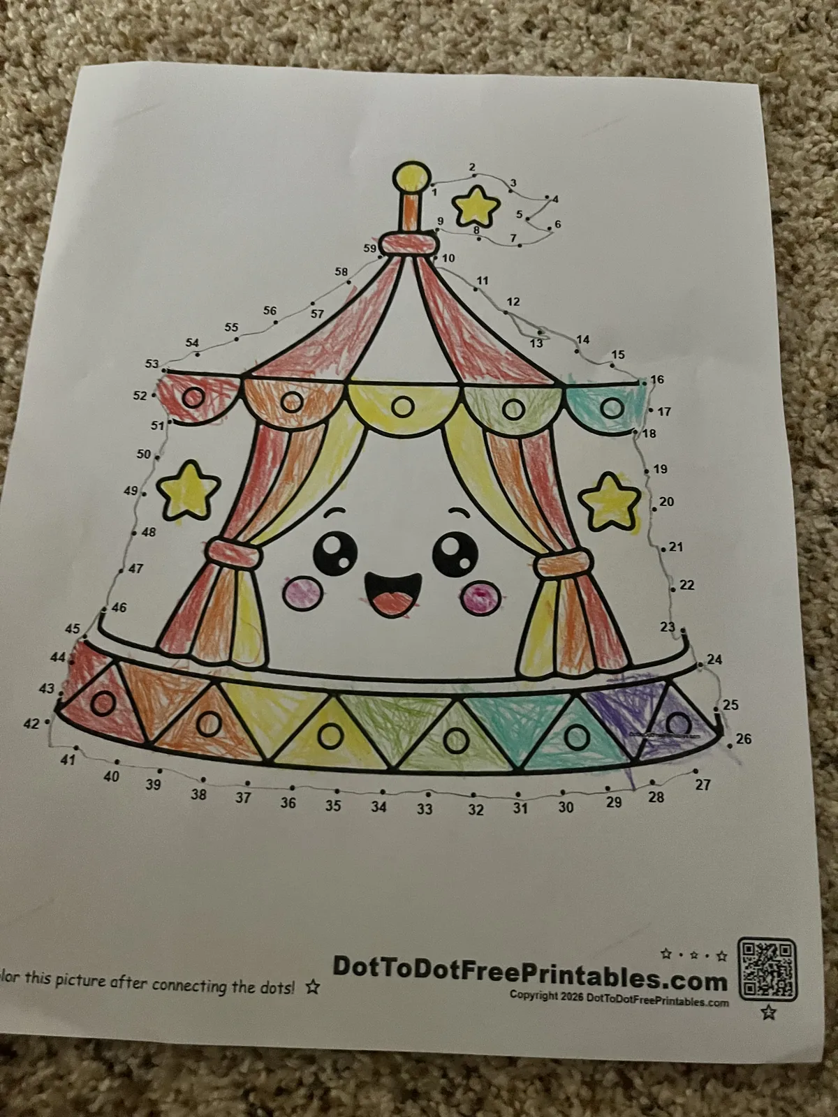 Finished circus tent colored in red, yellow, orange and teal Finished circus tent colored in red, yellow, orange and teal