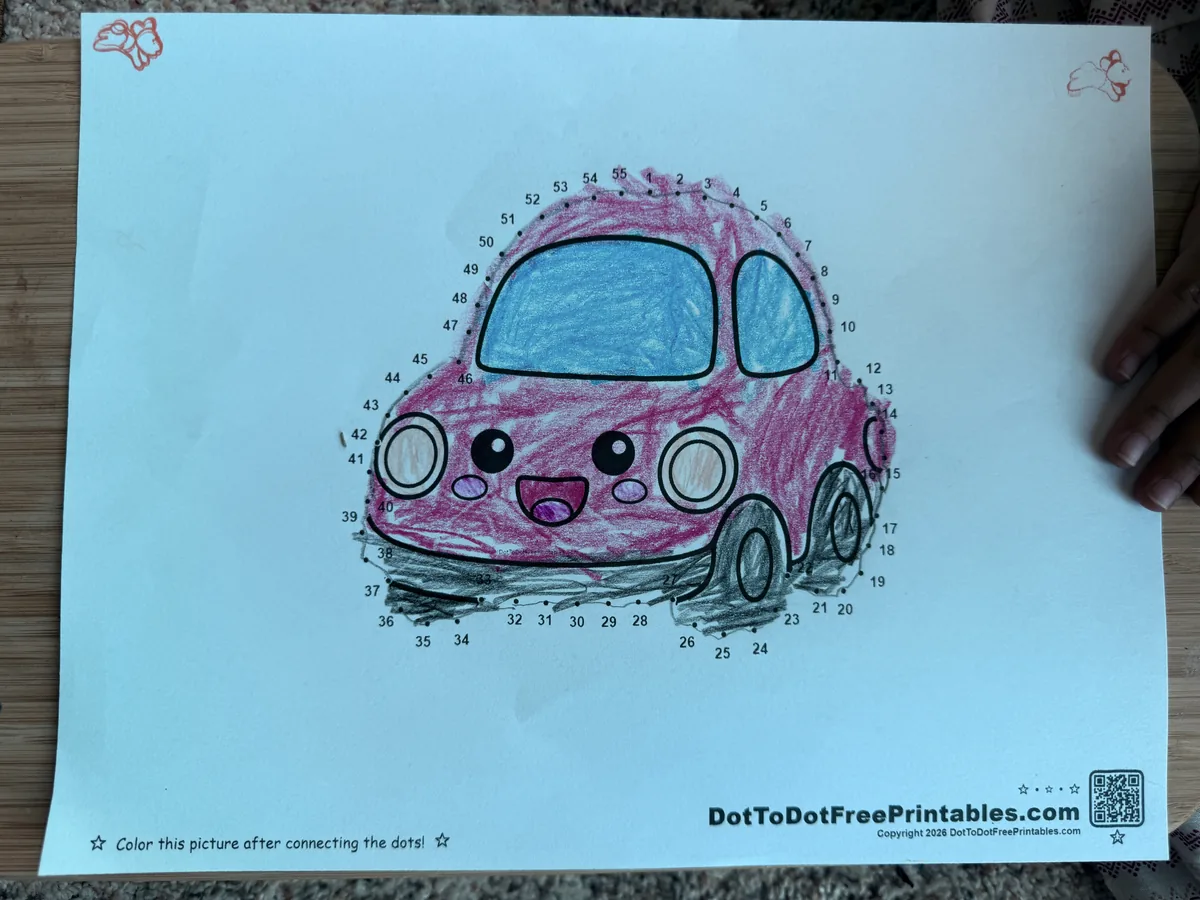 Completed Cute Car Dot to Dot Printable Completed Cute Car Dot to Dot Printable