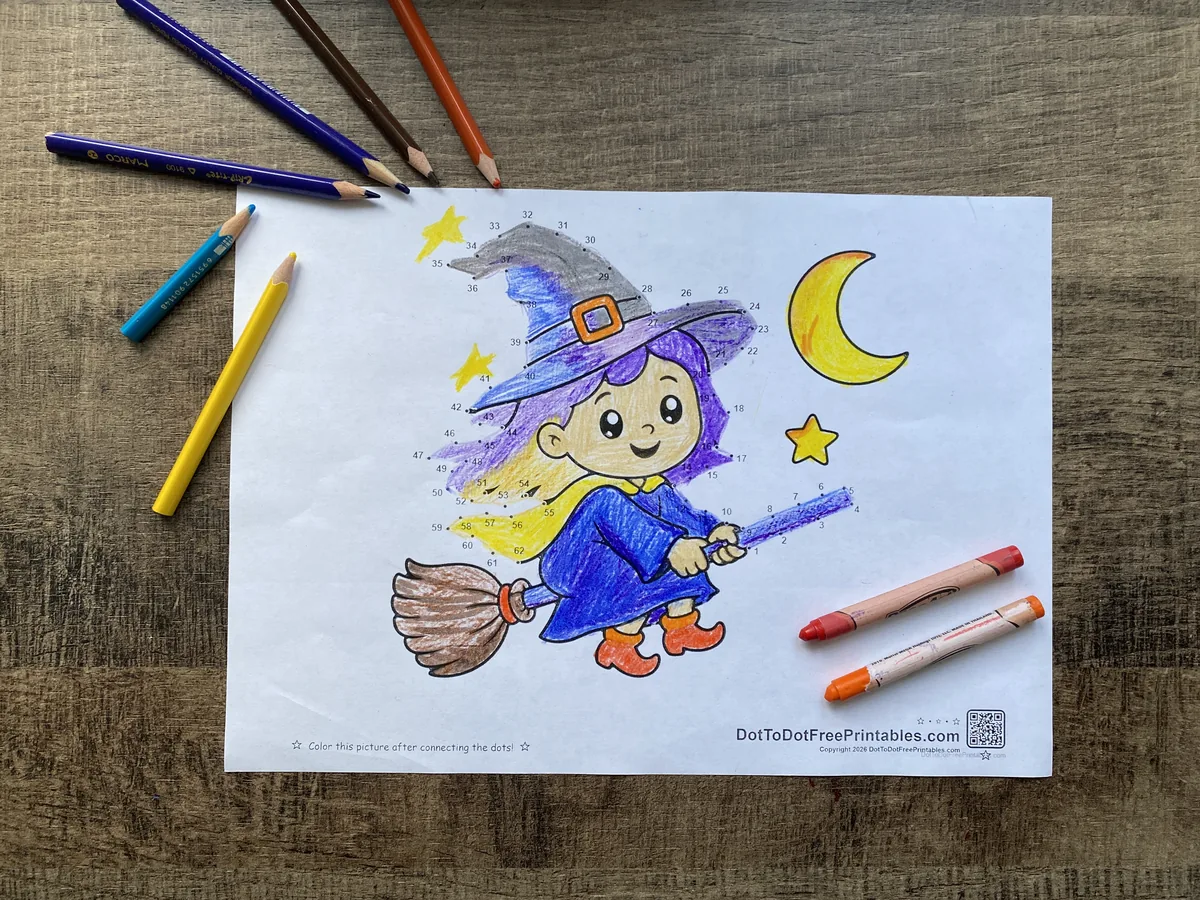 Completed Friendly Witch on a Broomstick Dot to Dot Puzzle Completed Friendly Witch on a Broomstick Dot to Dot Puzzle