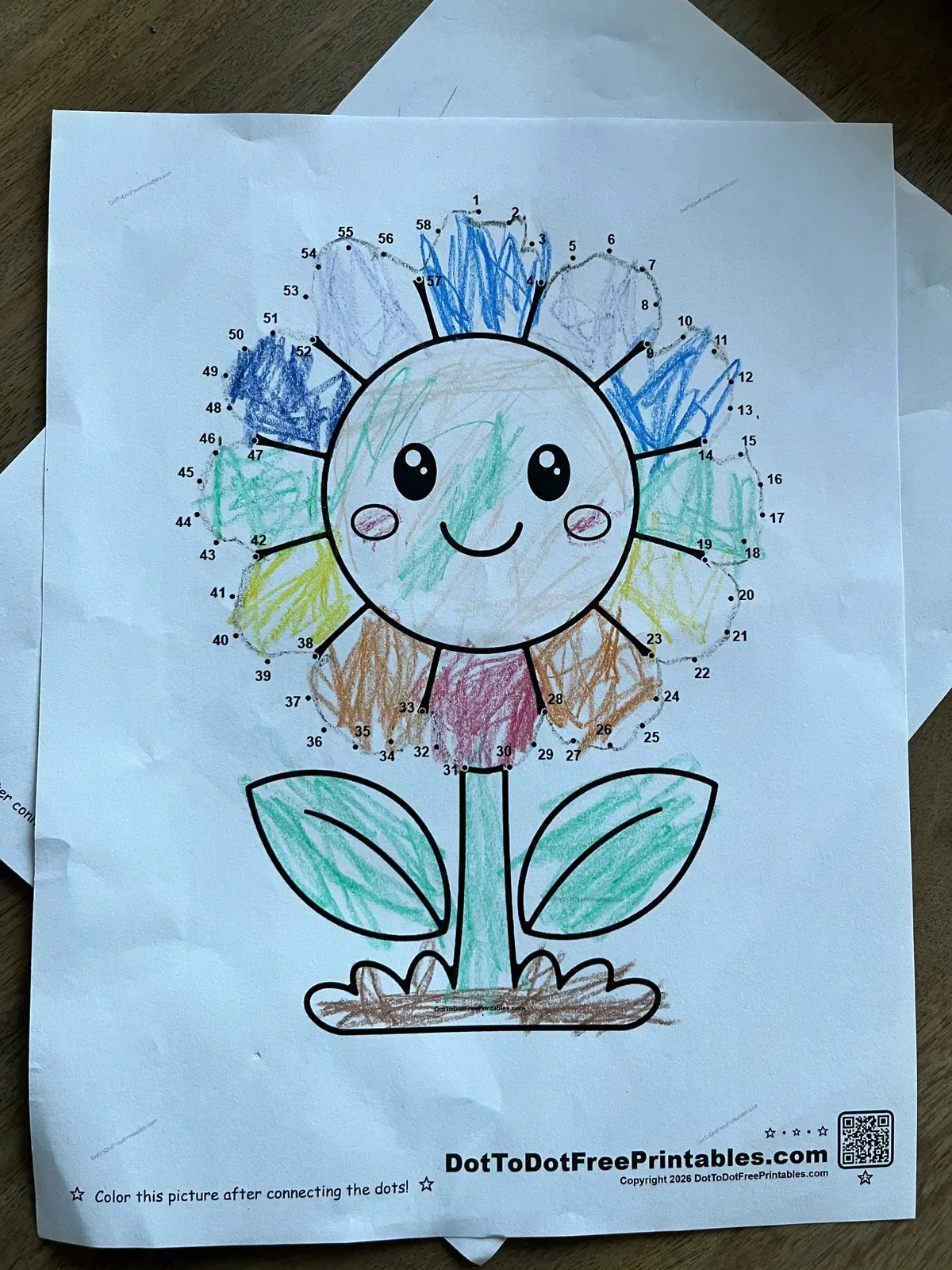 Completed Kawaii Sunflower Dot to Dot Printable