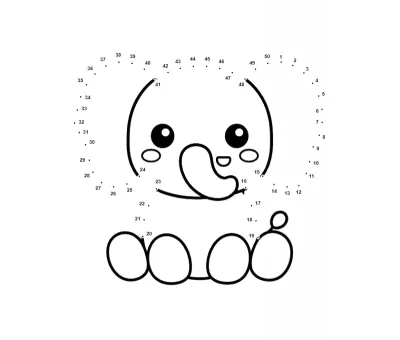 Sweet baby elephant, trunk curled, appearing from 50 gentle printable dots