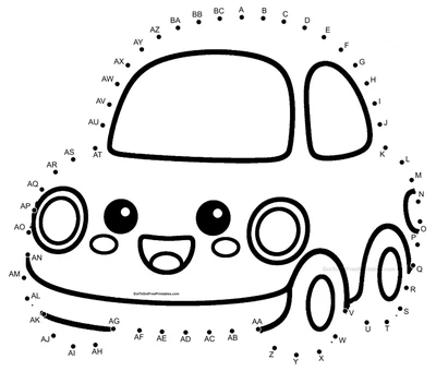 Cheerful cartoon car parked inside 55 numbered dots on a kids printable