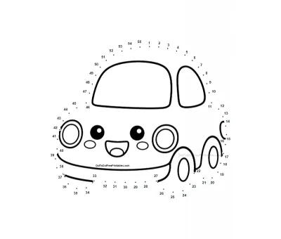 Cheerful cartoon car parked inside 55 numbered dots on a kids printable