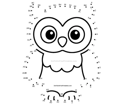 Wide-eyed cartoon owl perched within 65 dots on a printable worksheet