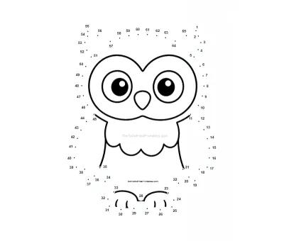 Wide-eyed cartoon owl perched within 65 dots on a printable worksheet