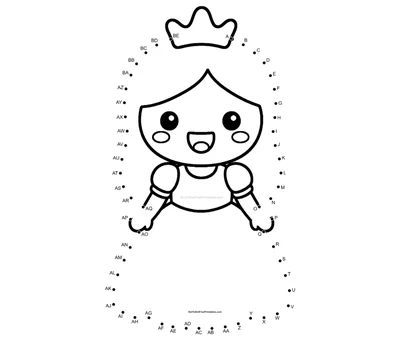 Princess in a sparkly gown and crown drawn from 57 printable dots