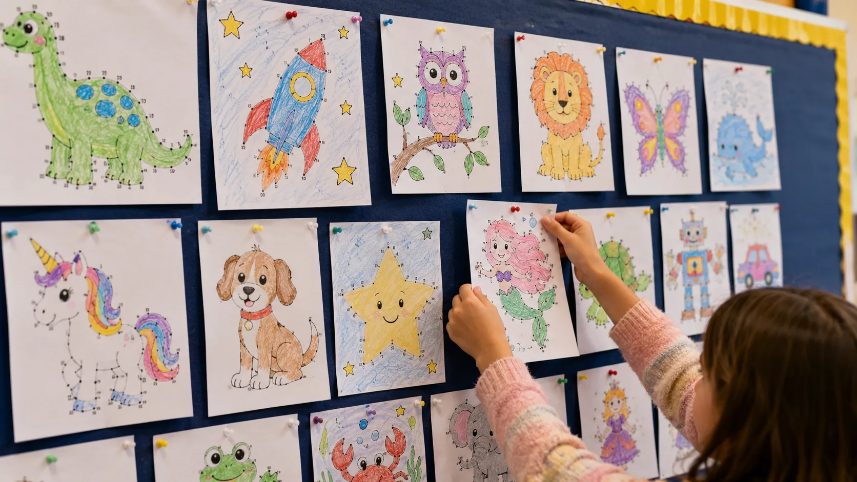 Dot-to-dot classroom display showing student activities