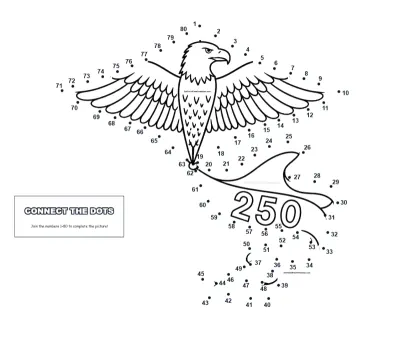 Bald eagle kite towing a patriotic banner, strung along 80 printable dots