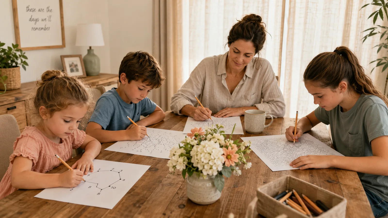 A family quietly working on printable dot to dot puzzles together at the table during their afternoon quiet hour