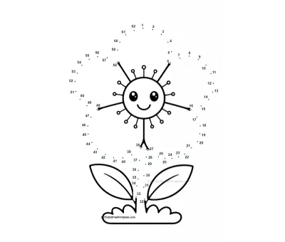 Glossy yellow buttercup drawn dot by dot across 62 numbers on a free printable worksheet