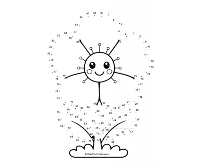 Rounded geranium flower cluster mapped out in 92 dots on a free dot to dot worksheet