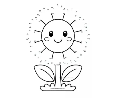 Smiling kawaii sunflower drawn by joining 58 dots on a playful printable sheet