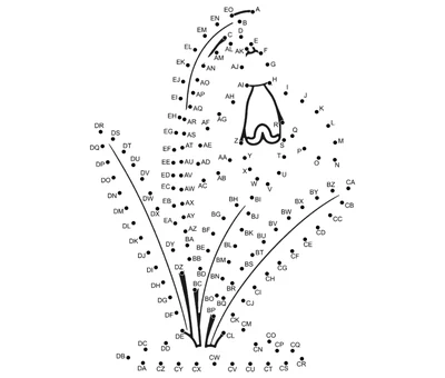 Nodding snowdrop bloom emerging from a 145-dot longer dot to dot printable page