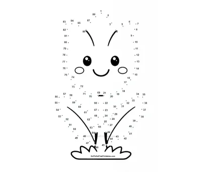 Cup-shaped spring tulip growing through 88 dots, printable connect-the-numbers worksheet