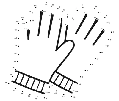 Pair of garden gloves stitched together by 54 numbered dots, free starter worksheet