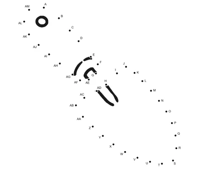 Hand trowel taking shape from only 39 numbered dots, beginner printable preview