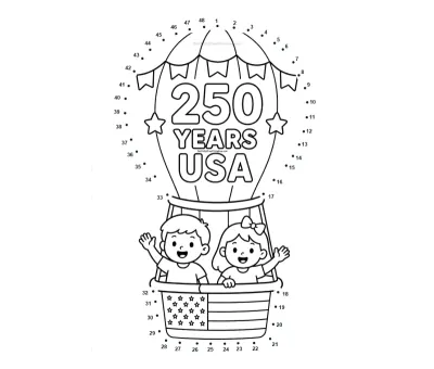 Festive gas balloon floating over an America 250 scene, lifted by 48 dots