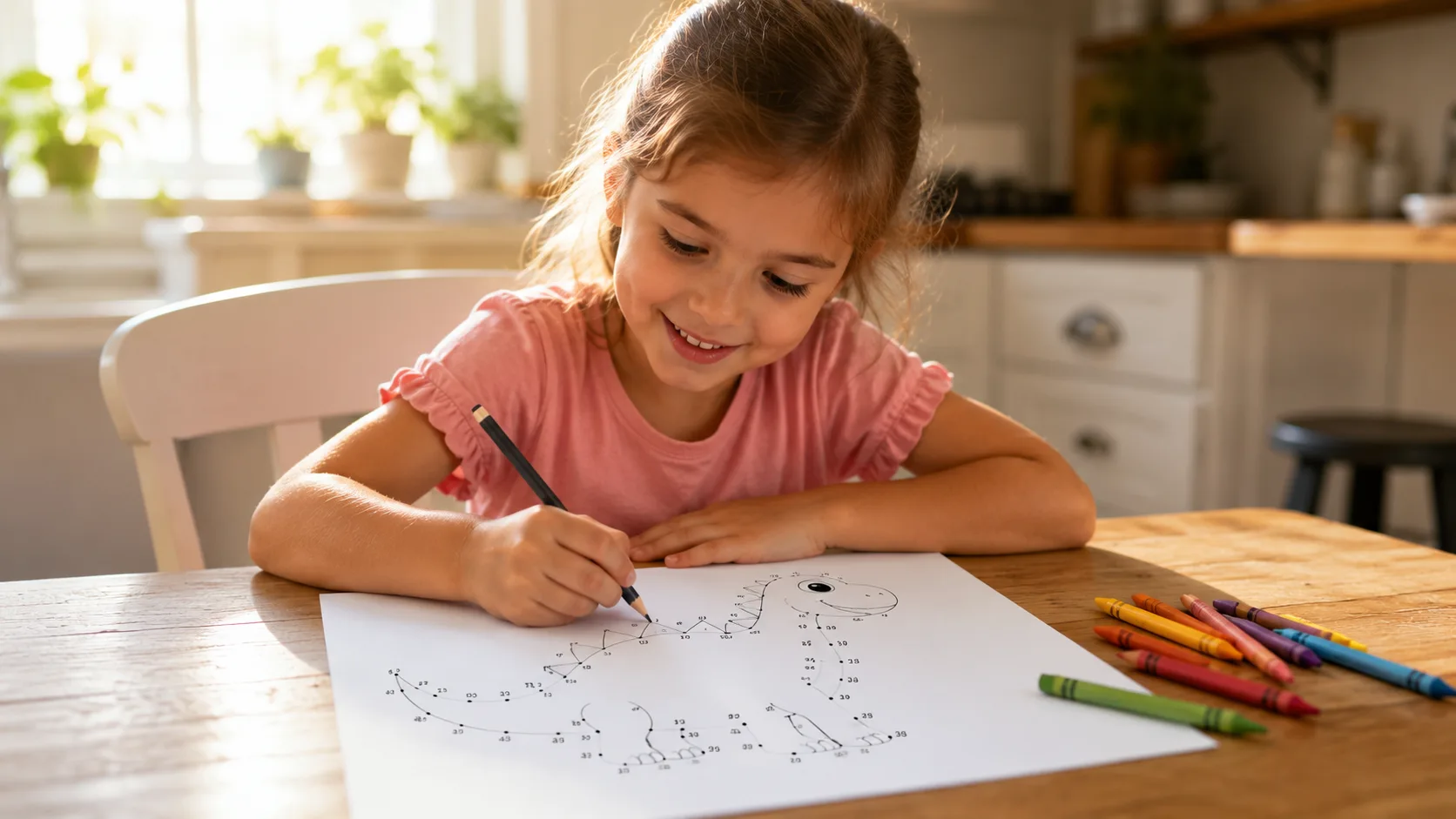 A young girl concentrating as she connects the dots on a printable dinosaur dot-to-dot puzzle