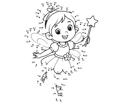 Smiling child in a fairy costume with puff sleeves, a petal skirt, wings, and a star wand, surrounded by 77 numbered dots