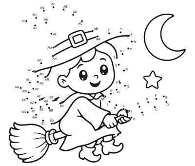 Friendly smiling witch flying on a broomstick beneath a moon and star, surrounded by 62 numbered dots