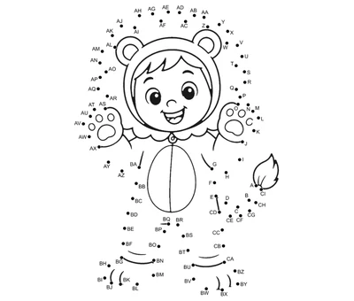 Smiling child in a hooded lion costume with round ears, mitten paws, and a fluffy tail, surrounded by 87 numbered dots