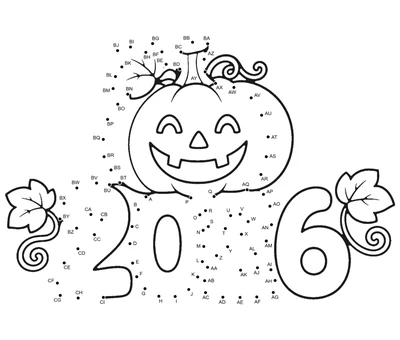 Grinning jack-o'-lantern with curling vines and broad leaves beside the numbers 2, 0, 2, 6, outlined by 87 numbered dots