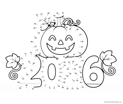 Grinning jack-o'-lantern with curling vines and broad leaves beside the numbers 2, 0, 2, 6, outlined by 87 numbered dots
