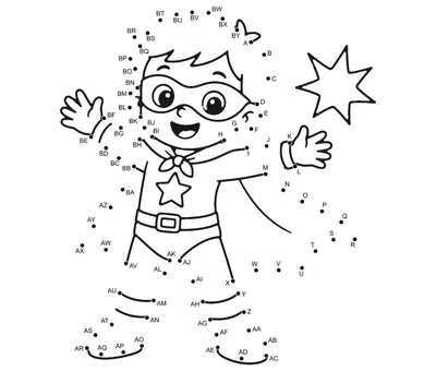 Smiling child in a superhero costume with a mask, cape, star emblem, gloves, and boots, surrounded by 77 numbered dots