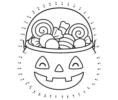 Smiling jack-o'-lantern trick-or-treat bucket filled with candy and surrounded by 48 numbered dots