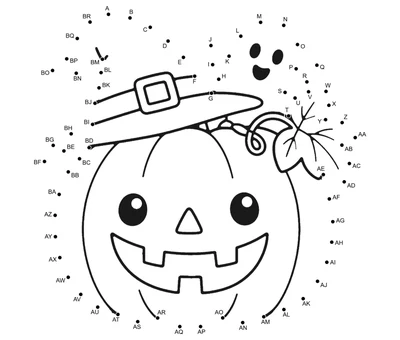 Smiling jack-o'-lantern in a floppy witch hat with a small ghost and curling vine, surrounded by 70 numbered dots