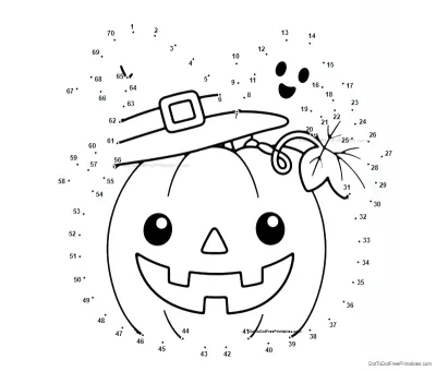 Smiling jack-o'-lantern in a floppy witch hat with a small ghost and curling vine, surrounded by 70 numbered dots