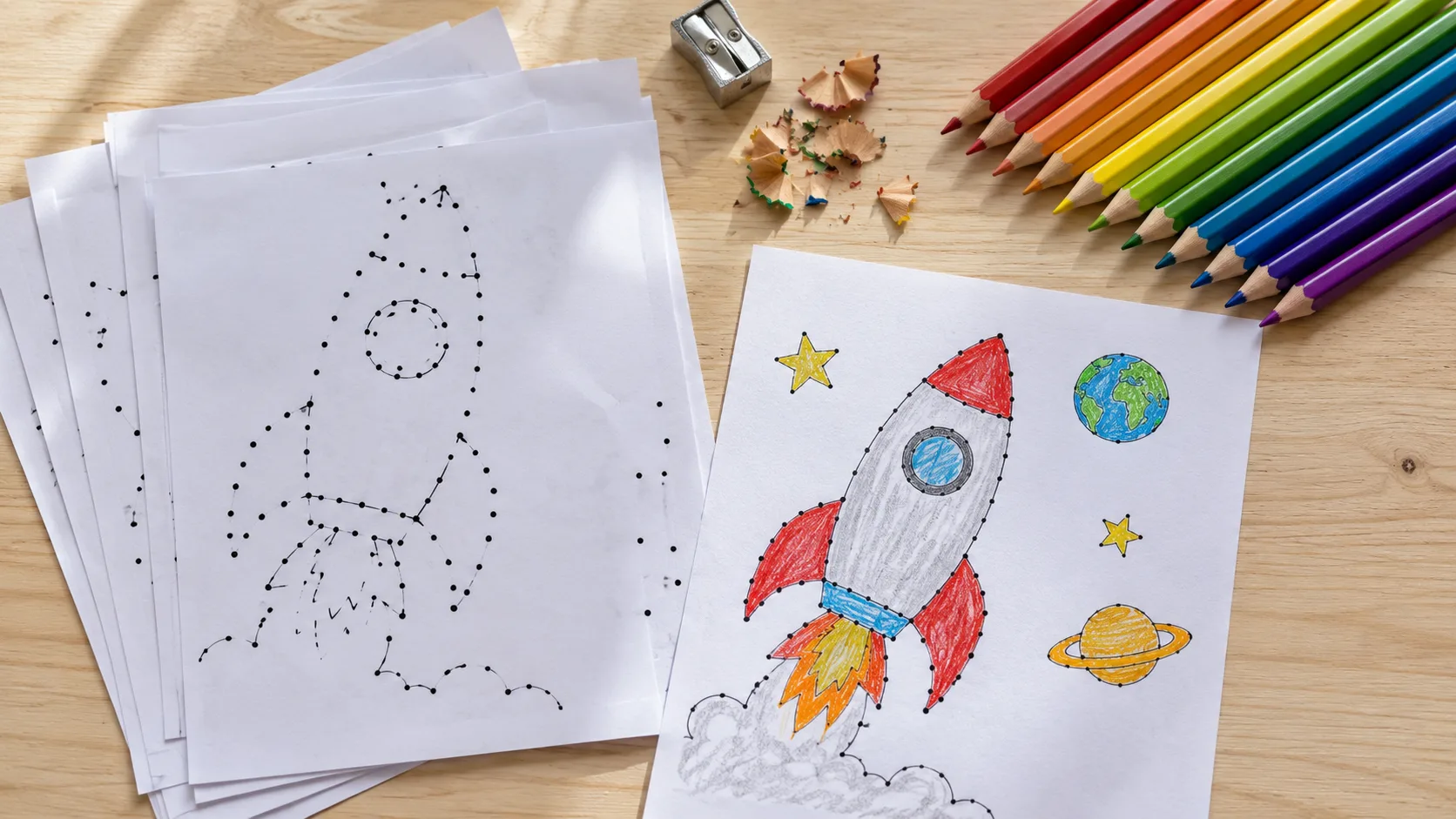 Kids completing dot-to-dot activity worksheets with colored pencils