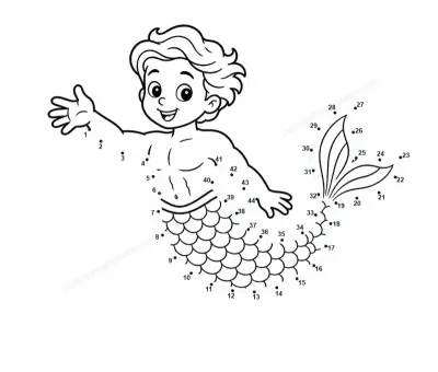 Merman rising from the waves along 44 easy dots on a preschool printable