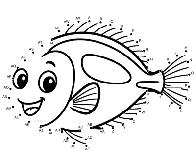 Blue tang with oval body and pointed fins outlined by 50 numbered dots in a horizontal printable puzzle