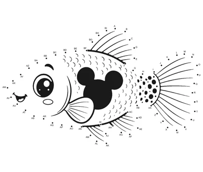 Mickey Mouse platy with spotted tail marking outlined by 61 numbered dots in a horizontal printable puzzle