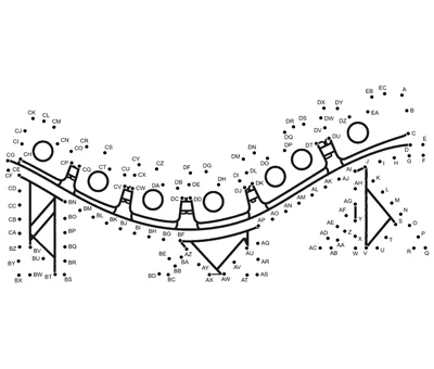 Looping roller coaster track winding through 133 dots, our most extreme printable