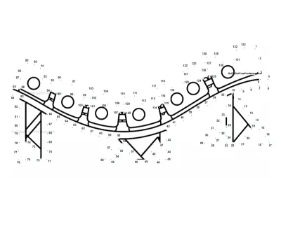 Looping roller coaster track winding through 133 dots, our most extreme printable