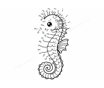 Little seahorse floating upright, outlined by just 35 dots on a free worksheet