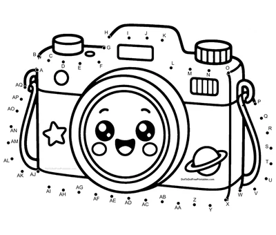 Smiling space camera with a planet emblem in a 43-dot printable connect-the-dots puzzle