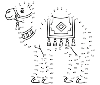 Desert camel striding over sand, its outline carried by 105 printable dots