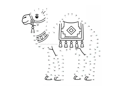 Desert camel striding over sand, its outline carried by 105 printable dots